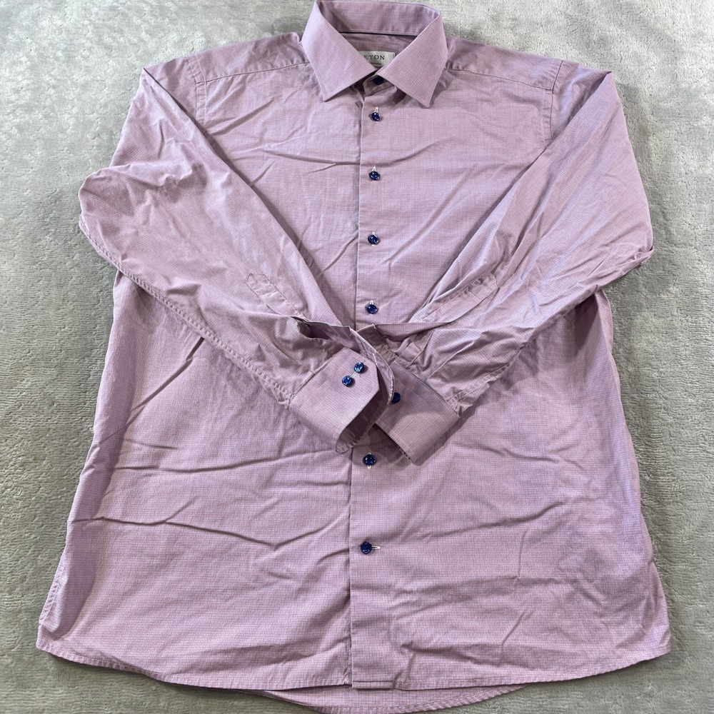 Eton Contemporary Dress Shirt Mens 17 43 Pink Blue Micro Check Cotton Spread